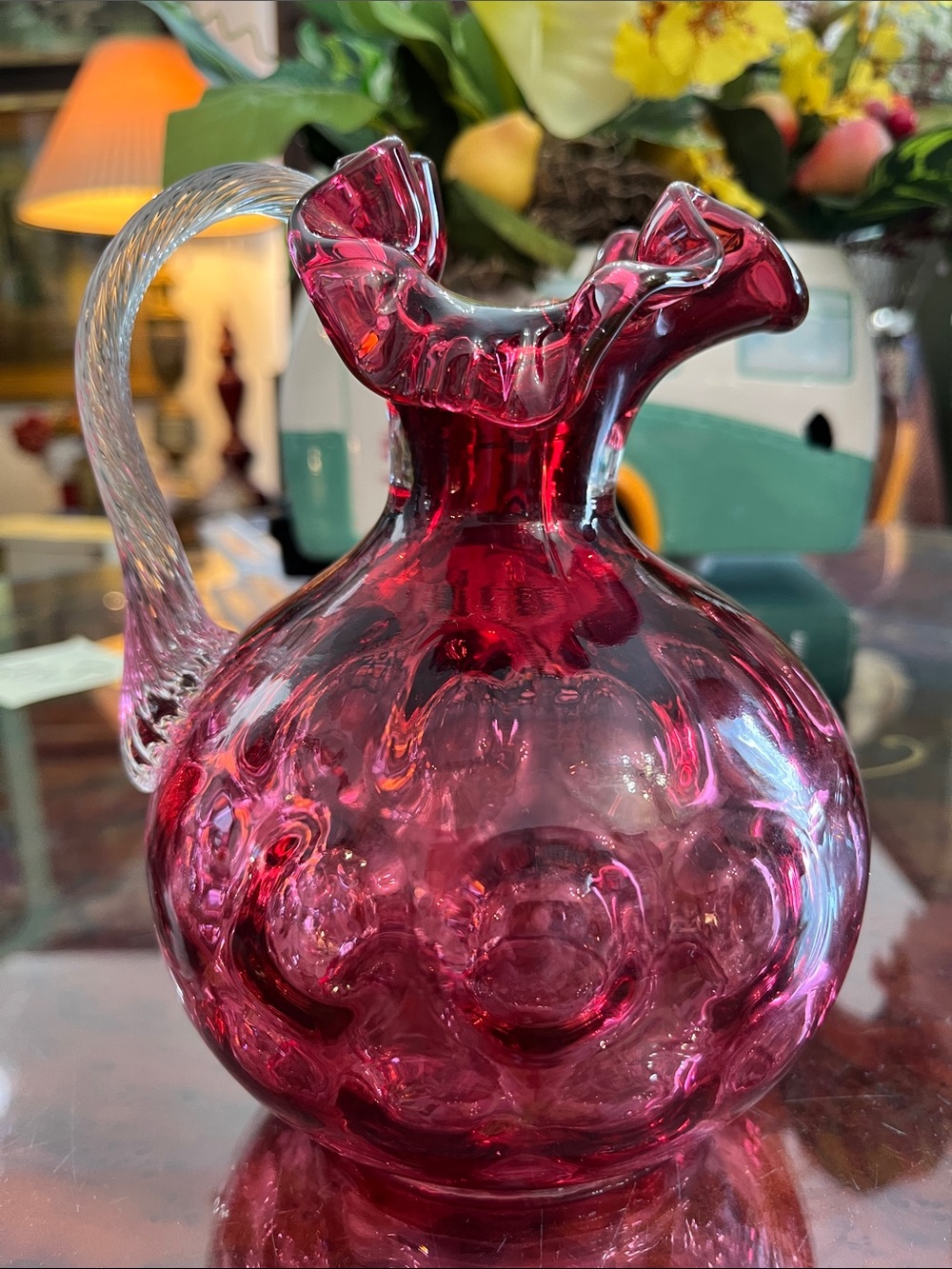 Fenton Art Glass cranberry coin dot pitcher